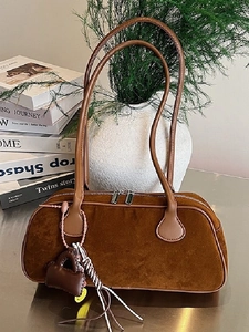 Women Retro Frosted Faux Suede Bowling Shoulder Bag Minimalist Niche Underarm Handbag With Pendant Solid PU Leather Daily Bag