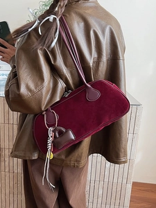 Retro burgundy velvet bowling bag with leather strap and decorative charms for women
