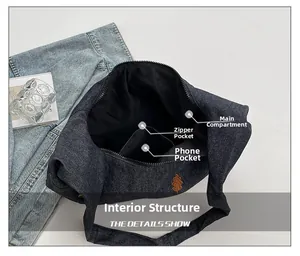 Détails de l'intérieur du sac cabas en jean bleu avec poche principale et poche zippée