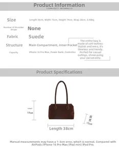 Detailed size specifications for a large suede hobo shoulder bag with 38cm length