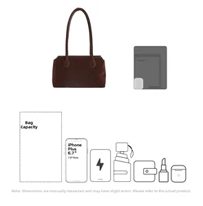 Brown suede shoulder bag interior capacity showing phone, wallet and essentials