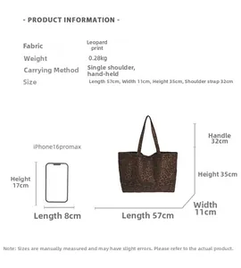 Guide des dimensions du sac cabas en velours côtelé léopard avec détails de taille