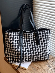 Women Large Capacity Tote Bag Vintage Houndstooth Leopard Checkerboard Pattern PU Shoulder Bag Casual Travel Commuter Bag