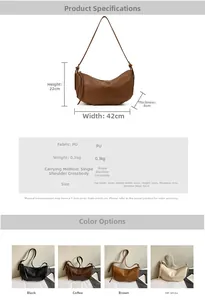 Detailed size chart and multi-color options for the vintage PU leather half-moon bag
