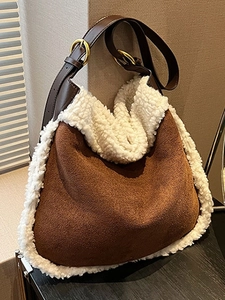 Vintage Faux Suede PU Plush Patchwork Hobo Bag For Women Large Capacity Winter Crossbody Shoulder Bag With Adjustable Strap