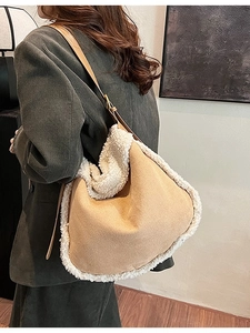 Khaki faux suede tote bag with white faux fur trim for autumn winter fashion style