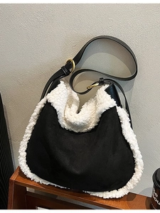 Large suede tote bag with contrast faux shearling trim and adjustable leather strap