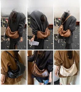Collage of large soft leather tote bags in various colors on models in outdoor autumn scenes