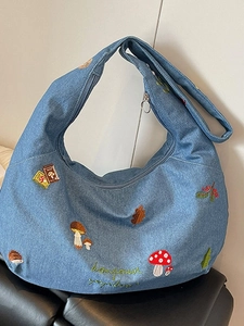 Sac Hobo en Denim pour Femmes Grande Capacité Bandoulière Vintage Broderie Champignon de Forêt Sac à Main Décontracté