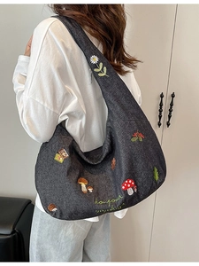 Sac bandoulière en toile style japonais grande capacité avec broderie forestière