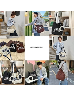 Large nylon tote bag with KUMLJIA print and matching mini round coin purse details