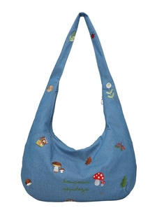 Sac fourre-tout en denim bleu avec broderie de forêt et grande capacité pour femmes