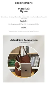 Large nylon tote bag size comparison with iPad and hat-shaped mini coin purse detail