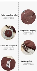 Detail of brown waterproof nylon bag showing detachable round coin purse and logo