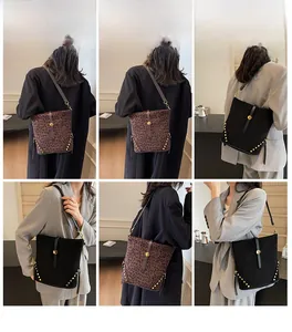 Detail shots of bucket bag with leopard print and black suede showing gold rivets