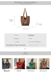 Detailed size chart for the canvas tote bag showing 45x35x12cm dimensions in four colors