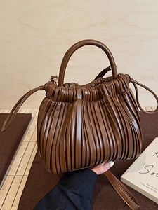 Women Ruched Pleated Bucket Bag Vintage PU Leather Shoulder Crossbody Bag Fashion Handbag Casual Cloud Tote Bag For Daily