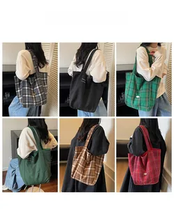 Collage of checkered canvas tote bags in various colors with cute dog print details