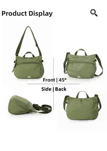 Détails d'un sac bandoulière en nylon vert militaire imperméable sous quatre angles