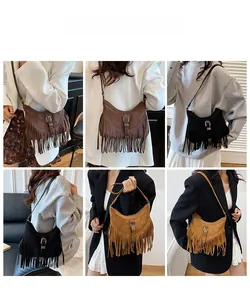 Tre colori di borse a sella boho vintage con lunghe frange mostrate su modelli