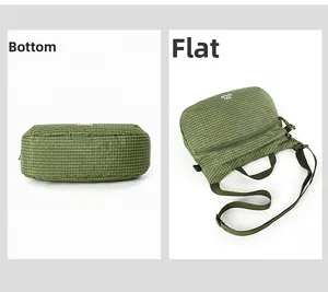 Detail showing the bottom and flat side view of the green plaid waterproof crossbody bag