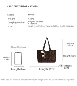 Detailed dimensions of leopard print suede tote bag with plush bear charm and long handle