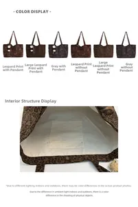 Detail view of leopard print tote bag interior with zipper pocket and magnetic buckle