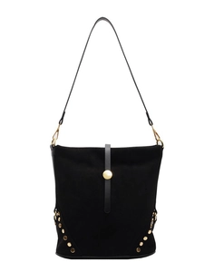 Minimalist black matte bucket bag with gold rivets and long shoulder strap