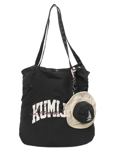 Black nylon tote bag with large lettering print and mini bucket hat charm accessory