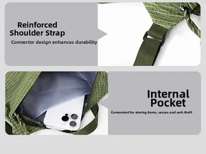 Detail of adjustable strap buckle and inner security pocket on green nylon crossbody bag