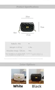 Detail showing PU leather quilted bag texture with dimensions and 130cm metal chain strap