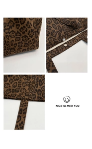 Detail of leopard print tote bag showing metal snap closure and textured fabric quality