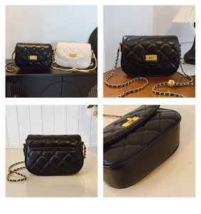 Detailed views of quilted chain bags in black and beige with adjustable gold tone hardware