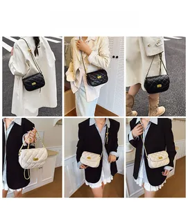 Quilted leather chain bags in black and cream shown on models in various street scenes