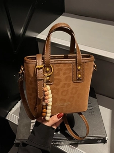 Retro Leopard Print Bucket Bag Women PU Leather Handbag With Beaded Tassel Commuting Crossbody Shoulder Bag Trendy Tote