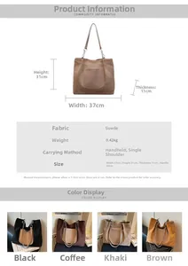 Detailed dimension chart for minimalist suede tote bag with four classic color options