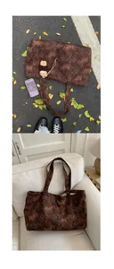 Large capacity leopard print tote bag with soft texture and stylish bear charm detail