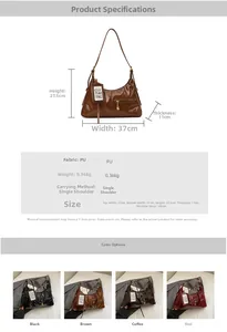 Size guide for PU leather tote bag with dimensions and weight specs in black and brown