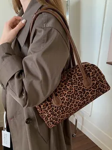 Retro leopard print cylinder shoulder bag with brown leather strap for elegant ladies