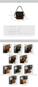 Detailed size chart showing dimensions for women's retro PU and suede bucket bag