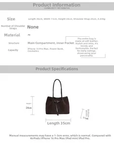 Size chart showing large vintage PU tote bag dimensions and functional compartments
