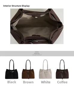 Detail view of large tote bag interior and four color options in leather texture