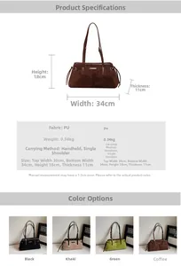 Detailed size chart and multi-color options for the large vintage PU tote bag