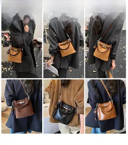 Collage of four vintage bucket bags in yellow, brown, black and caramel leather and suede