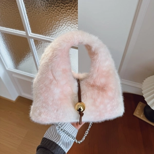 Women Fashion Plush Triangular Handbag Faux Fur Shoulder Bag With Golden Ball Charm Silver Chain Strap Casual Tote Bag