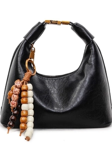 Sac Hobo noir rétro en demi-lune avec fermoir en métal bronze et breloque en perles de bois