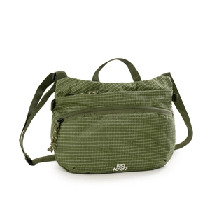 Détail de la sacoche imperméable vert armée avec motif quadrillé et poignée haute