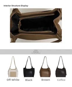 Spacious interior view of the suede tote bag with zipper compartment and four color options