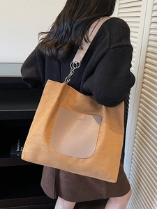 Brown suede tote bag for women with large capacity and stylish leather front pocket