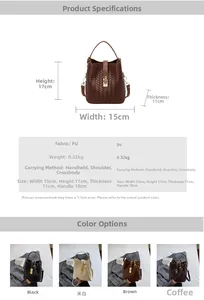 Detailed spec chart of woven PU leather bucket bag showing dimensions and colors